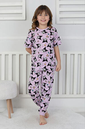 İSOB Lila Kuromi Desenli %100 Pamuk Kız Çocuk Kısa Kollu Pijama Takımı 3-8 Yaş 41212-L