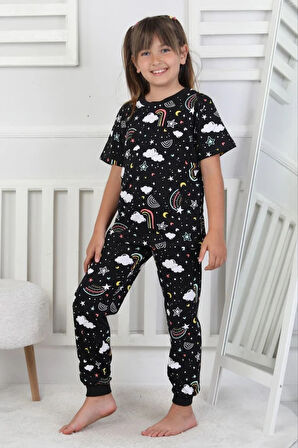 İSOB Siyah Gökkuşağı Desenli %100 Pamuk Kız Çocuk Kısa Kollu Pijama Takımı 3-8 Yaş 41215-S