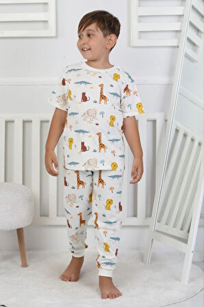 İSOB Ekru Hayvanlar Alemi Desenli %100 Pamuk Erkek Çocuk Kısa Kollu Pijama Takımı 3-8 Yaş 41216-E