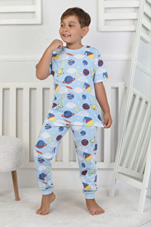 İSOB Mavi Gezegenler Desenli %100 Pamuk Erkek Çocuk Kısa Kollu Pijama Takımı 3-8 Yaş 41217-M