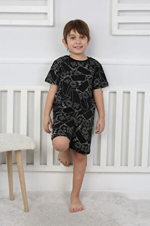 İSOB Siyah Atary Desenli %100 Pamuk Erkek Çocuk Kısa Kollu Şortlu Takım 3-8 Yaş 41301-S
