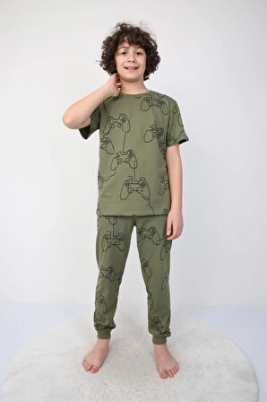 İSOB Haki Atary Desenli %100 Pamuk Erkek Çocuk Kısa Kollu Pijama Takımı 3-8 Yaş 41304-H