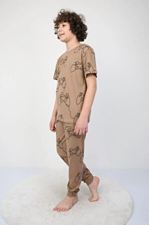İSOB Kahverengi Atary Desenli %100 Pamuk Erkek Çocuk Kısa Kollu Pijama Takımı 3-8 Yaş 41304-K