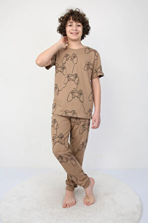 İSOB Kahverengi Atary Desenli %100 Pamuk Erkek Çocuk Kısa Kollu Pijama Takımı 3-8 Yaş 41304-K