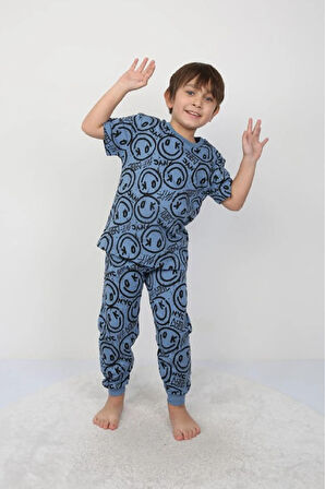 İSOB Mavi Gülen Surat Desenli %100 Pamuk Erkek Çocuk Kısa Kollu Pijama Takımı 3-8 Yaş 41305-M