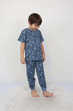 İSOB Mavi Gülen Surat Desenli %100 Pamuk Erkek Çocuk Kısa Kollu Pijama Takımı 3-8 Yaş 41305-M