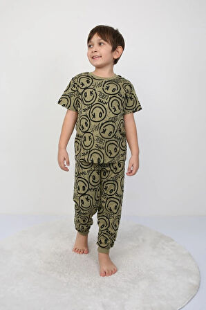 İSOB Yeşil Gülen Surat Desenli %100 Pamuk Erkek Çocuk Kısa Kollu Pijama Takımı 3-8 Yaş 41305-Y