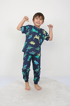 İSOB Yeşil Dinozor Desenli %100 Pamuk Erkek Çocuk Kısa Kollu Pijama Takımı 3-8 Yaş 41312-Y