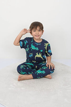 İSOB Yeşil Dinozor Desenli %100 Pamuk Erkek Çocuk Kısa Kollu Pijama Takımı 3-8 Yaş 41312-Y