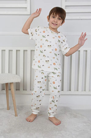 İSOB Ekru Arslan Desenli %100 Pamuk Erkek Çocuk Kısa Kollu Pijama Takımı 3-8 Yaş 41314-E