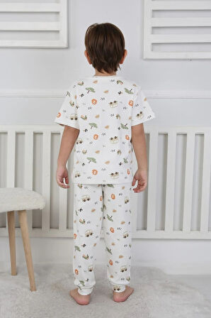 İSOB Ekru Arslan Desenli %100 Pamuk Erkek Çocuk Kısa Kollu Pijama Takımı 3-8 Yaş 41314-E