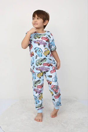 İSOB Mavi Araba Desenli %100 Pamuk Erkek Çocuk Kısa Kollu Pijama Takımı 3-8 Yaş 41315-M