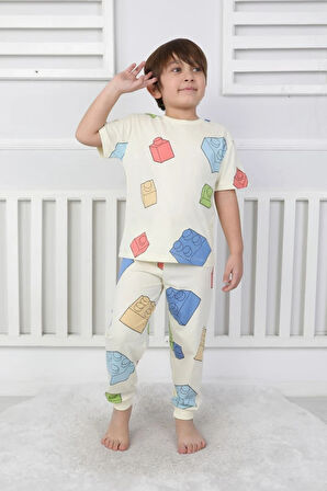 İSOB Ekru Lego Desenli %100 Pamuk Erkek Çocuk Kısa Kollu Pijama Takımı 3-8 Yaş 41316-E