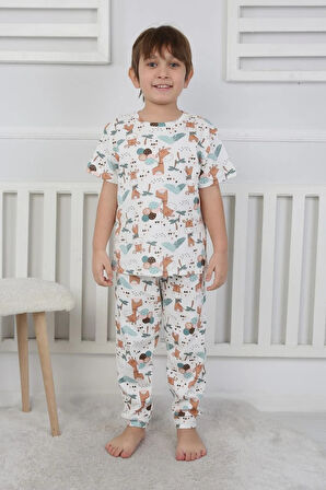 İSOB Ekru Balonlu Zürafa Desenli %100 Pamuk Erkek Çocuk Kısa Kollu Pijama Takımı 3-8 Yaş 41318-E