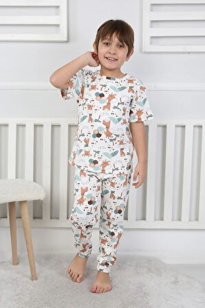 İSOB Ekru Balonlu Zürafa Desenli %100 Pamuk Erkek Çocuk Kısa Kollu Pijama Takımı 3-8 Yaş 41318-E