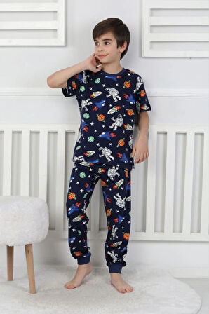 İSOB Lacivert Uzay Desenli %100 Pamuk Erkek Çocuk Kısa Kollu Pijama Takımı 3-8 Yaş 41320-L