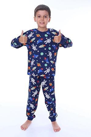 İSOB Lacivert Uzay Desenli %100 Pamuk Erkek Çocuk Pijama Takımı 3-8 Yaş 41321-L