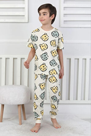 İSOB Ekru Gülen Surat Desenli %100 Pamuk Kısa Kollu Erkek Çocuk Pijama Takımı 3-13 Yaş 41322-41510-E