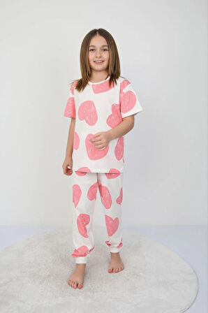 İSOB Pembe Kalp Desenli %100 Pamuk Kız Çocuk Kısa Kollu Pijama Takımı 8-13 Yaş 41401-P