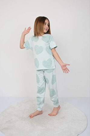 İSOB Yeşil Kalp Desenli %100 Pamuk Kız Çocuk Kısa Kollu Pijama Takımı 8-13 Yaş 41401-Y
