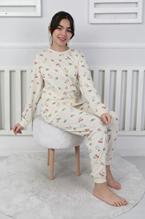 İSOB Ekru Meyve Desenli %100 Pamuk Kız Çocuk Pijama Takımı 3-13 Yaş 41407-51210-E