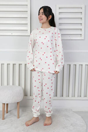 İSOB Ekru Kalp Desenli %100 Pamuk Kız Çocuk Kısa Kollu Pijama Takımı 8-13 Yaş 41408-E