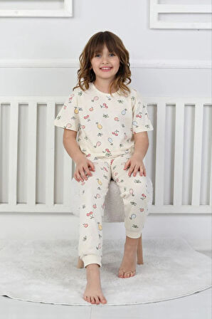 İSOB Ekru Meyve Desenli %100 Pamuk Kız Çocuk Kısa Kollu Pijama Takımı 8-13 Yaş 41409-E