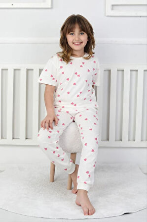 İSOB Ekru Kalp Desenli %100 Pamuk Kız Çocuk Kısa Kollu Pijama Takımı 8-13 Yaş 41410-E
