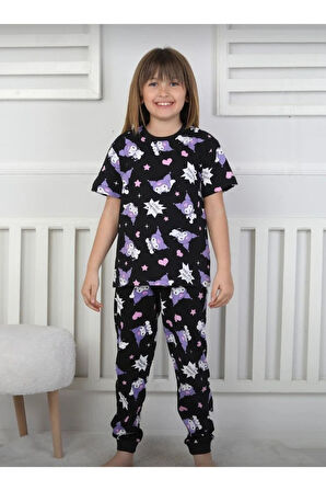 İSOB Siyah Kuromi Desenli %100 Pamuk Kız Çocuk Kısa Kollu Pijama Takımı 3-13 Yaş 41213-41413