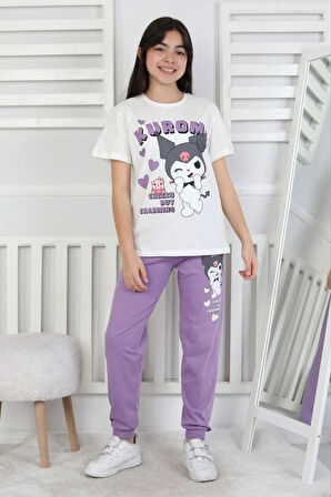 İSOB Lila Kuromi Desenli %100 Pamuk Kız Çocuk Kısa Kollu Pijama Takımı 8-13 Yaş 41414-L