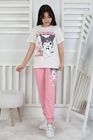 İSOB Pembe Kuromi Desenli %100 Pamuk Kız Çocuk Kısa Kollu Pijama Takımı 8-13 Yaş 41414-P