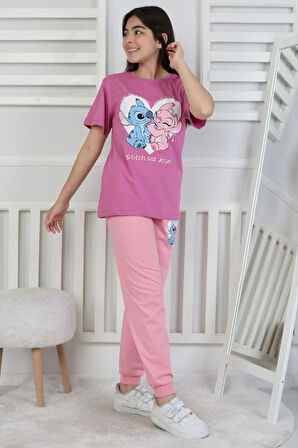 İSOB Gül Kurusu Stitch Desenli %100 Pamuk Kız Çocuk Kısa Kollu Pijama Takımı 8-13 Yaş 41415-GK