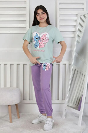 İSOB Yeşil Stitch Desenli %100 Pamuk Kız Çocuk Kısa Kollu Pijama Takımı 8-13 Yaş 41415-Y