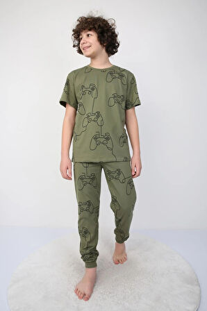İSOB Haki Atary Desenli %100 Pamuk Erkek Çocuk Kısa Kollu Pijama Takımı 8-13 Yaş 41501-H