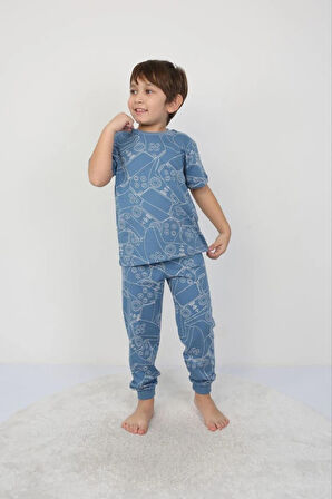 İSOB Mavi Atary Desenli %100 Pamuk Erkek Çocuk Kısa Kollu Pijama Takımı 8-13 Yaş 41502-M