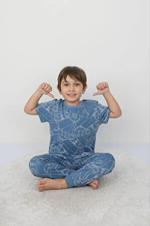 İSOB Mavi Atary Desenli %100 Pamuk Erkek Çocuk Kısa Kollu Pijama Takımı 8-13 Yaş 41502-M