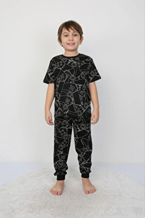 İSOB Siyah Atary Desenli %100 Pamuk Erkek Çocuk Kısa Kollu Pijama Takımı 8-13 Yaş 41502-S