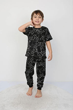 İSOB Siyah Atary Desenli %100 Pamuk Erkek Çocuk Kısa Kollu Pijama Takımı 8-13 Yaş 41502-S