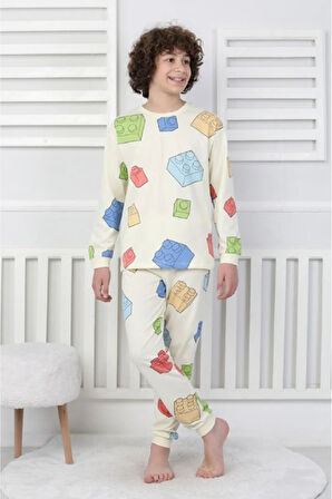 İSOB Ekru Lego Desenli %100 Pamuk Erkek Çocuk Kısa Kollu Pijama Takımı 8-13 Yaş 41505-E