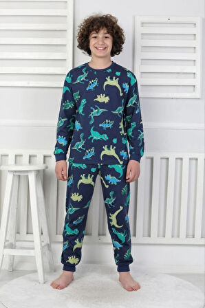 İSOB Yeşil Dinozor Desenli %100 Pamuk Erkek Çocuk Kısa Kollu Pijama Takımı 8-13 Yaş 41507-Y