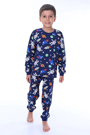 İSOB Lacivert Uzay Desenli %100 Pamuk Erkek Çocuk Pijama Takımı 8-13 Yaş 41509-L