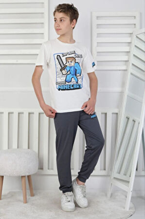 İSOB Beyaz Minec Desenli %100 Pamuk Kısa Kollu Erkek Çocuk Pijama Takımı 8-13 Yaş 41512-B