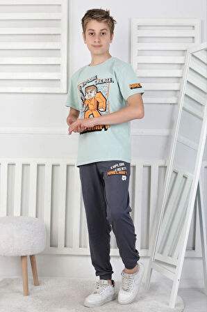 İSOB Yeşil Minec Desenli %100 Pamuk Kısa Kollu Erkek Çocuk Pijama Takımı 8-13 Yaş 41512-Y