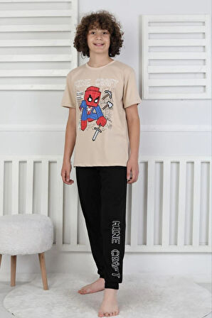İSOB BeJ Minec Desenli %100 Pamuk Kısa Kollu Erkek Çocuk Pijama Takımı 8-13 Yaş 41514-B
