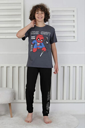 İSOB Füme Minec Desenli %100 Pamuk Kısa Kollu Erkek Çocuk Pijama Takımı 8-13 Yaş 41514-F