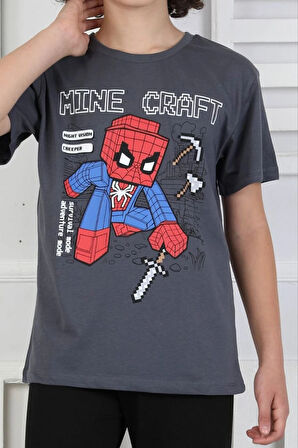 İSOB Füme Minec Desenli %100 Pamuk Kısa Kollu Erkek Çocuk Pijama Takımı 8-13 Yaş 41514-F