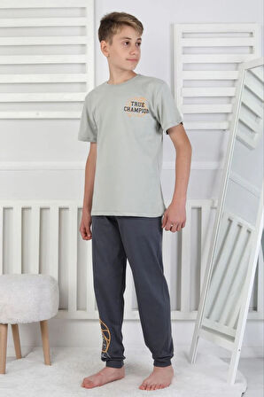İSOB Gri Basketbol Topu Desenli %100 Pamuk Kısa Kollu Erkek Çocuk Pijama Takımı 8-13 Yaş 41516-G