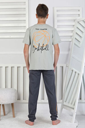 İSOB Gri Basketbol Topu Desenli %100 Pamuk Kısa Kollu Erkek Çocuk Pijama Takımı 8-13 Yaş 41516-G
