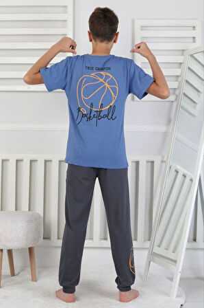İSOB Mavi Basketbol Topu Desenli %100 Pamuk Kısa Kollu Erkek Çocuk Pijama Takımı 8-13 Yaş 41516-M