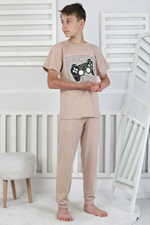 İSOB Bej Atary Desenli %100 Pamuk Kısa Kollu Erkek Çocuk Pijama Takımı 8-13 Yaş 41517-BE